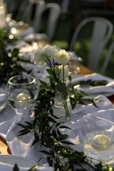 Decorated Elegant Wooden Wedding Table Rustic Style Eucalyptus Flowers Porcelain — Stock Photo, Image
