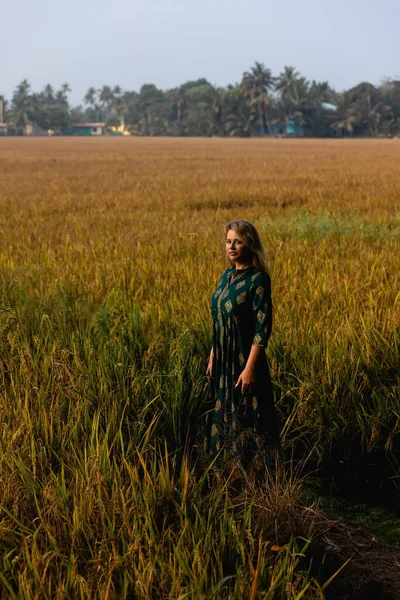 Translation: A beautiful Caucasian girl in an Indian dress meditates and greets the sunrise in a rice field in Asia. Union with nature. The right start to the day. High quality photo