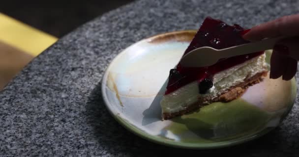 ブルーベリークリームとチーズケーキをカット ブルーベリー充填とゼリーとおいしいケーキ イチゴ 高品質4K映像 — ストック動画