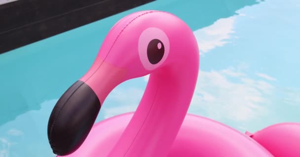 度假旅游概念与充气粉红火烈鸟浮动玩具床垫在豪华游泳池 奢华的生活方式暑假旅行背景视频 高质量的4K镜头 — 图库视频影像