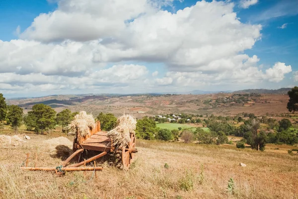 An ancient wooden cart loaded with hay against the backdrop of fertile fields and hills. Farming and agriculture. High quality photo