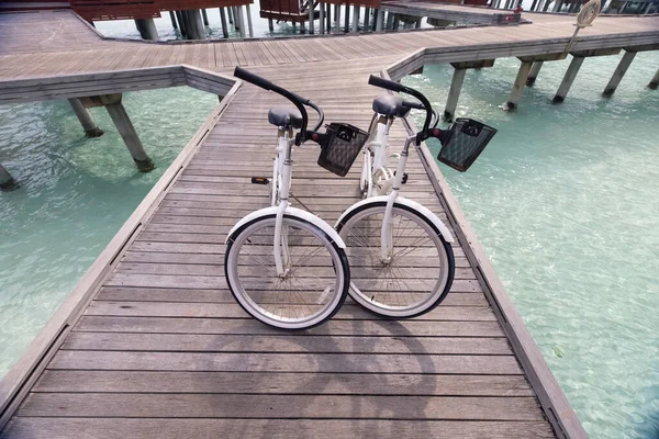 在马尔代夫一个奇异的岛屿上美丽的热带海滩上骑自行车度过浪漫的假期 高质量的照片 — 图库照片