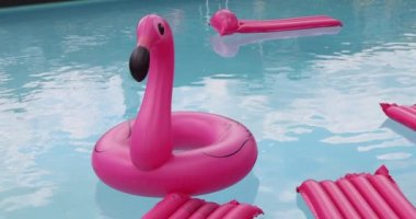 Lüks yüzme havuzunda şişirilebilir pembe flamingolu oyuncak şilteli seyahat konsepti. Lüks yaşam tarzı yaz tatili seyahat arka plan videosu. Yüksek kalite 4k görüntü