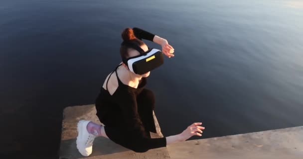 Young Woman Uses Virtual Augmented Reality Glasses Magic Atmosphere Dawn — Stock Video