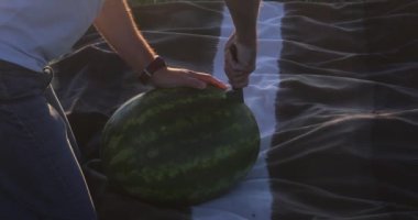  Güneşli bir havada piknikte karpuz kesmek. Yüksek kalite 4k görüntü