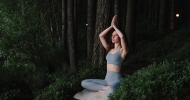 Kadın meditasyonu, yoga meditasyonu. Yogi kızı nilüfer çiçeği pozunda oturuyor, sağlıklı yaşam tarzı, meditasyon konsepti. Yüksek kalite 8K görüntü