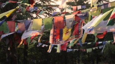 Akciğer ta dua bayrakları dağ yolunda asılı renkli Tibet dua bayrakları dingin rüzgar şehrine dingin ruhsal enerjinin huzur sembolü olan eski duaları dalgalanıyor. Yüksek kalite 4k görüntü