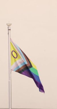 Gökkuşağı bayrağı dalgalanıyor. Lgbt toplum sembolü. Homofobi kavramını bırak. Gurur Ayı Festivali. Biseksüel CSD partisi. Eşcinsel kültür geçit töreni. Aynı seks aşkı tatiliniz kutlu olsun. Yüksek kalite 4k görüntü