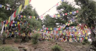 Akciğer ta dua bayrakları dağ yolunda asılı renkli Tibet dua bayrakları dingin rüzgar şehrine dingin ruhsal enerjinin huzur sembolü olan eski duaları dalgalanıyor. Yüksek kalite 4k görüntü