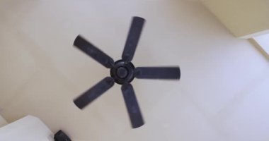 Beyaz tavan vantilatörü dönüyor. Asya tarzı. Tayland usulü. Hint usulü soğutma vantilatörü. Taze serin hava kliması fanı çok yüksek hızda dönüyor ve dönüyor. Yavaş dönen pervane. Çevre dostu. 