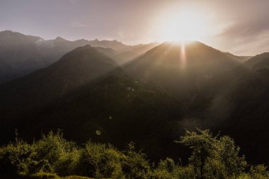 Gün batımında sis arasında orman dağlarının manzarası. Yüksek kalite fotoğraf