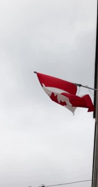 Kanadalı bayrağın gökyüzüne doğru dalgalanan yavaş çekim görüntüsü. Kanada ulusal günü. Yüksek kalite 4k görüntü