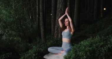 Kadın meditasyonu, yoga meditasyonu. Yogi kızı nilüfer çiçeği pozunda oturuyor, sağlıklı yaşam tarzı, meditasyon konsepti. Yüksek kalite 8K görüntü