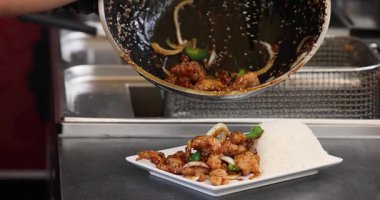 Teriyaki tavuğu pilavlı, sokak yemeği tarzında. Japon pilavı ve teriyaki soslu tavuk. Yüksek kalite 4k görüntü