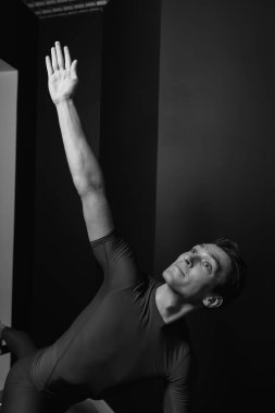 Zayıf erkek balerin pilates ekipmanlarıyla antrenman yapıyor. Zarif duruş, çekirdek gücü, vücut kontrolü. Yüksek kalite fotoğraf