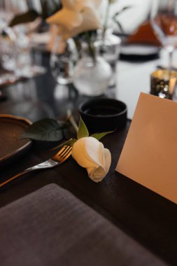 Masadaki beyaz gül ve boş kağıt kart. Metin için yeri olan minimalist çiçek kompozisyonu. Romantik, zarif ve doğal bir ortam. Kutlama, düğün ya da mesaj için. Yüksek kalite fotoğraf