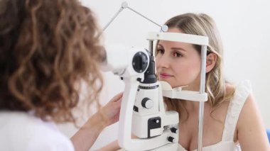 Klinikteki kadın doktor ve sarışın hastayla göz muayenesi. Yüksek kalite 4k görüntü