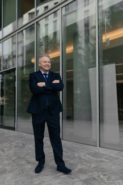 Kentin arka planında mavi gömlekli ve kravatlı olgun bir adam. Yüksek kalite fotoğraf