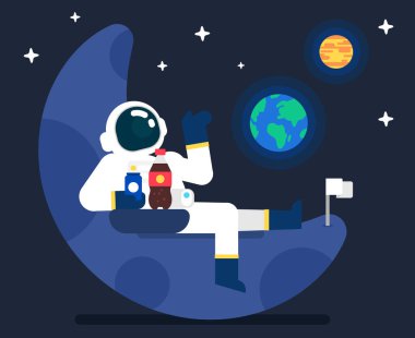 Ay 'da oturup kola içen tatlı astronot Ay' ın yüzeyinde Dünya 'ya bakan Uzay Adamı Mars' ı, Bilim Teknolojisi İkonu 'nu, Düz Avatar Vektörü' nü,