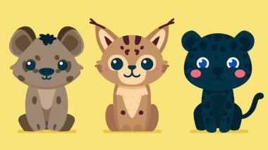 Bir grup sevimli vahşi hayvan, sırtlan, Kara Panter, vaşak, Safari orman hayvanları düz vektör çizimi 