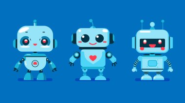 Farklı şekillerde sevimli robotlar, karakter tasarımları seti, çizgi film dost maskotları, mekanik oyuncaklar koleksiyonu, düz karakter çizimi