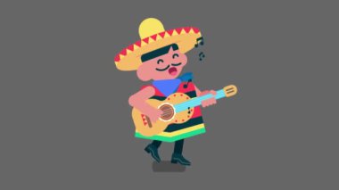 Mutlu Meksikalı müzisyen gitar çalıyor ve geleneksel şarkılar söylüyor. Uzun bıyıklı nazik Meksikalı çocuk, Düz Avatar Video 4k.