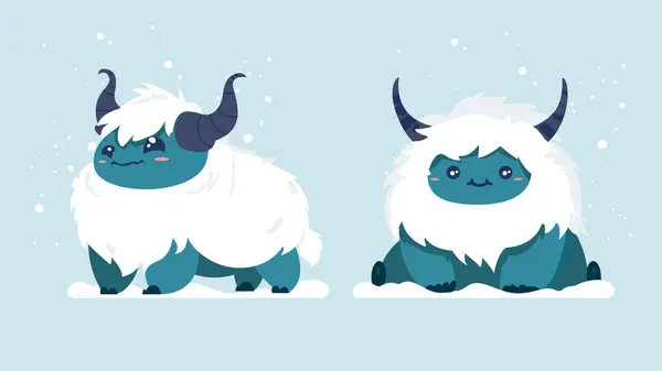 stock vector Cute yeti animal with tiny body, monster character design set, lovely ice beast with furry body sitting in blizzard, different shapes, flat character vector illustration