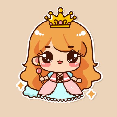 Tatlı prensesin çıkartması, altın tacı olan küçük bir kız, renkli arka planda izole edilmiş, düz vektör çizimi.