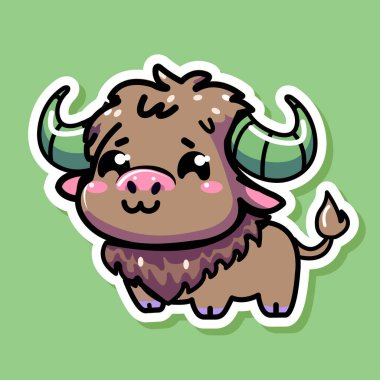 Tatlı Bufalo çıkartması, küçük vahşi hayvan, renkli arka planda izole edilmiş, düz vektör çizimi.