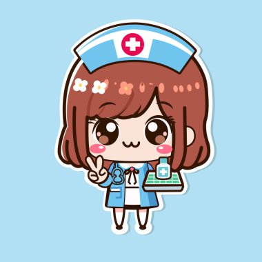 Tatlı hemşire etiketi, küçük kız, renkli arka planda izole edilmiş, düz vektör çizimi.