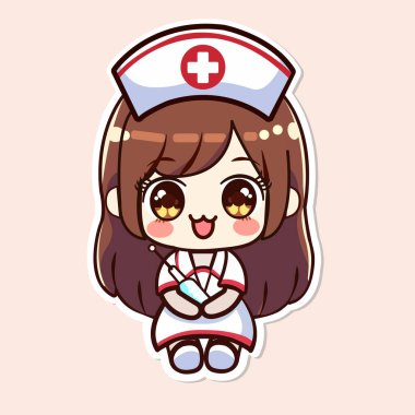 Tatlı hemşire etiketi, küçük kız, renkli arka planda izole edilmiş, düz vektör çizimi.