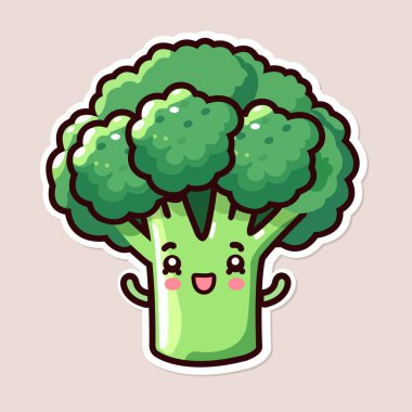 Şirin Brokoli etiketi, küçük bir sebze, renkli arka planda izole edilmiş, düz vektör çizimi