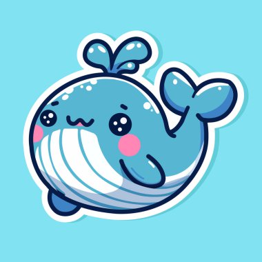 Şirin balina çıkartması, küçük vahşi hayvan, renkli arka planda izole edilmiş, düz vektör çizimi