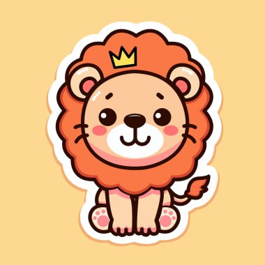 Altın taç giyen şirin aslan etiketi, küçük vahşi bir hayvan, renkli arka planda izole edilmiş, düz vektör çizimi.