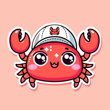 Şapka takan şirin yengeç etiketi, küçük vahşi hayvan, renkli arka planda izole edilmiş, düz vektör çizimi.