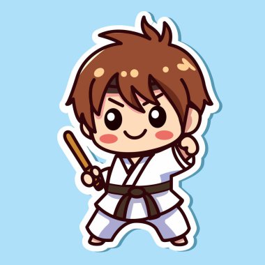 Siyah kuşaklı sevimli karateci çıkartması, küçük spor dövüşçüsü tekmeleri, dövüş sanatı, renkli arka planda izole edilmiş, düz vektör çizimi..