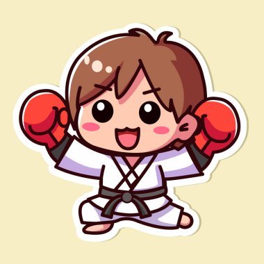 Şirin boksör çıkartması kırmızı eldiven takıyor, küçük spor boksörü zaferi kutluyor, renkli arka planda izole edilmiş, düz vektör çizimi.