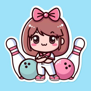 Şirin bovling oyuncusunun çıkartması, küçük profesyonel kız bovling, renkli arka planda izole edilmiş, düz vektör çizimi..