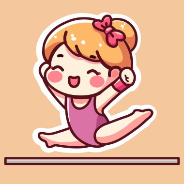 Güzel jimnastikçi kızın çıkartması, jimnastik tahtasının üzerinden atlayan küçük sarışın kız, renkli arka planda izole edilmiş, düz vektör çizimi..