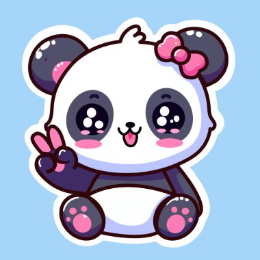 Tatlı Panda kızı çıkartması, küçük vahşi hayvan zafer işareti yapıyor, renkli arka planda izole edilmiş, düz vektör çizimi