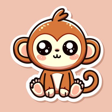 Şirin maymun çıkartması, küçük vahşi hayvan, renkli arka planda izole edilmiş, düz vektör çizimi.