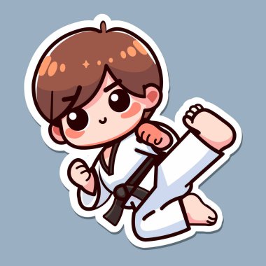 Siyah kuşaklı sevimli karateci çıkartması, küçük spor dövüşçüsü tekmeleri, dövüş sanatı, renkli arka planda izole edilmiş, düz vektör çizimi..