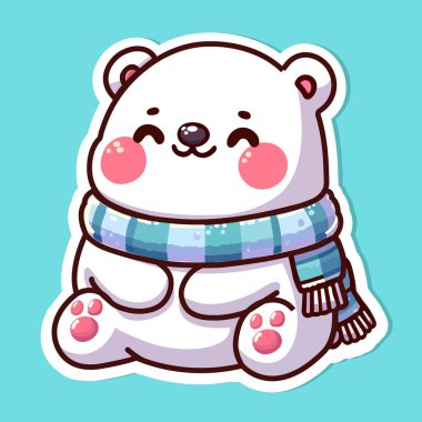 Şirin kutup ayısı çıkartması, kış eşarbı takan küçük vahşi bir hayvan, renkli arka planda izole edilmiş, düz vektör çizimi.