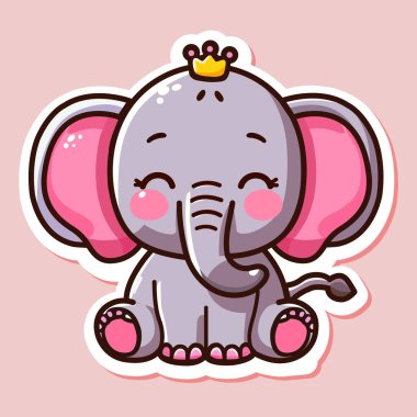 Kafasında taç olan şirin fil etiketi, küçük vahşi bir hayvan, renkli arka planda izole edilmiş, düz vektör çizimi.