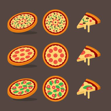 Farklı pizza setleri, beyaz arka planda izole edilmiş pizza dilimleri, pesto pizza, pepperoni pizza, sebze, İtalyan pizzası, izole edilmiş set koleksiyonu, basit düz vektör çizimleri..