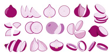 Kırmızı soğan seti, marketler için taze kırmızı soğan amblemi, slaytlar, uzun ve çapraz kesitler, ve farklı pozisyonlar, sebze ve meyvelerin basit düz vektör çizimi.