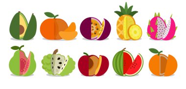 Split Fruits, Avokado, Tangerine, Mandarin, Passion Fruit, Ananas, Beyaz Ejder meyvesi, Guava, Annona, Red Peach, Karpuz, Portakal, basit düz vektör çizimi.