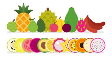 Bir dizi taze tropikal meyve, Beyaz Ejder Meyvesi, Ananas, Kırmızı Muz, Durian, Passion Fruit, Litchi, Avokado, Starfruit, Carambola, Papaya, Guava, Annona, basit düz vektör.