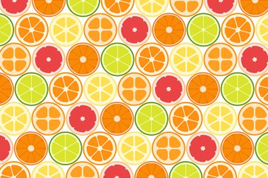 Dilimlenmiş Citrus meyveleri, Limon, Portakal, Kumquat, Greyfurt, Tatlı Limon, Yeşil Limon, Mandalina, basit düz vektör çizimi.