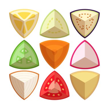 Taze sebze çeyreklikleri, Lemon, Turp, Russet Patates, Domates, Sarı Soğan, Tatlı Soğan, Kabak, Havuç, Salatalık, Patlıcan, basit düz vektör çizimi.